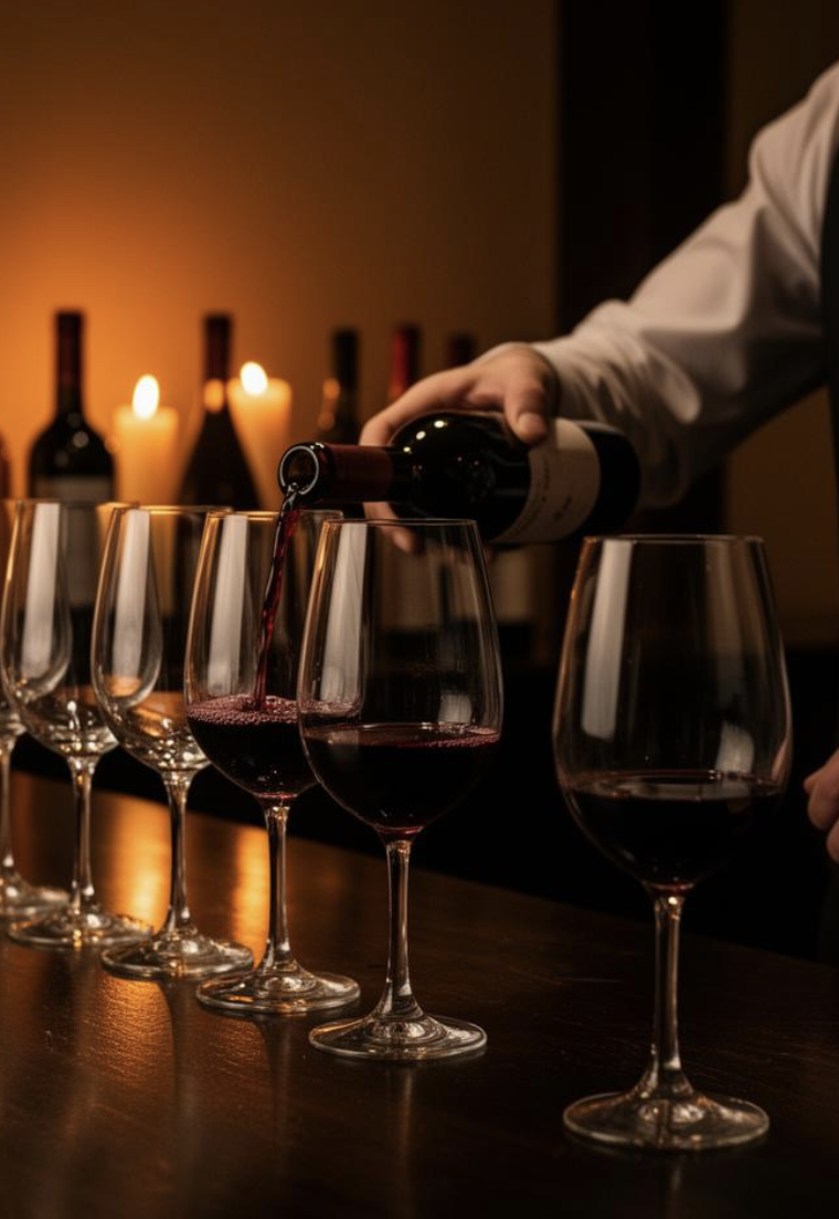 Luxury wine cellar with elegant glasses and bottles beautifully arranged on illuminated shelves