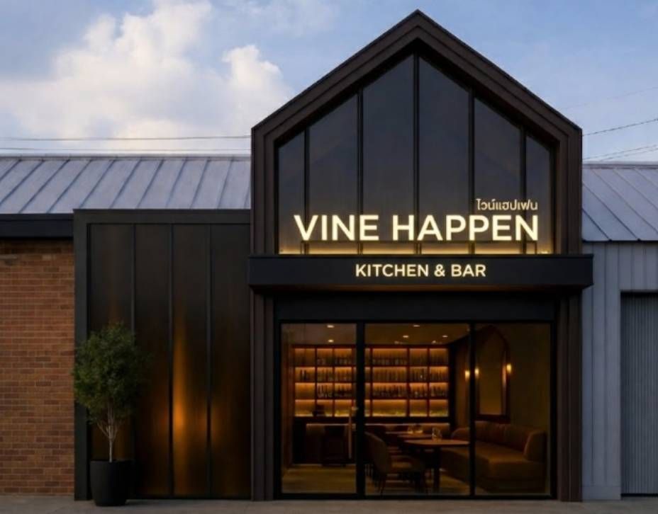 Vine Happen Kitchen and Bar storefront at dusk