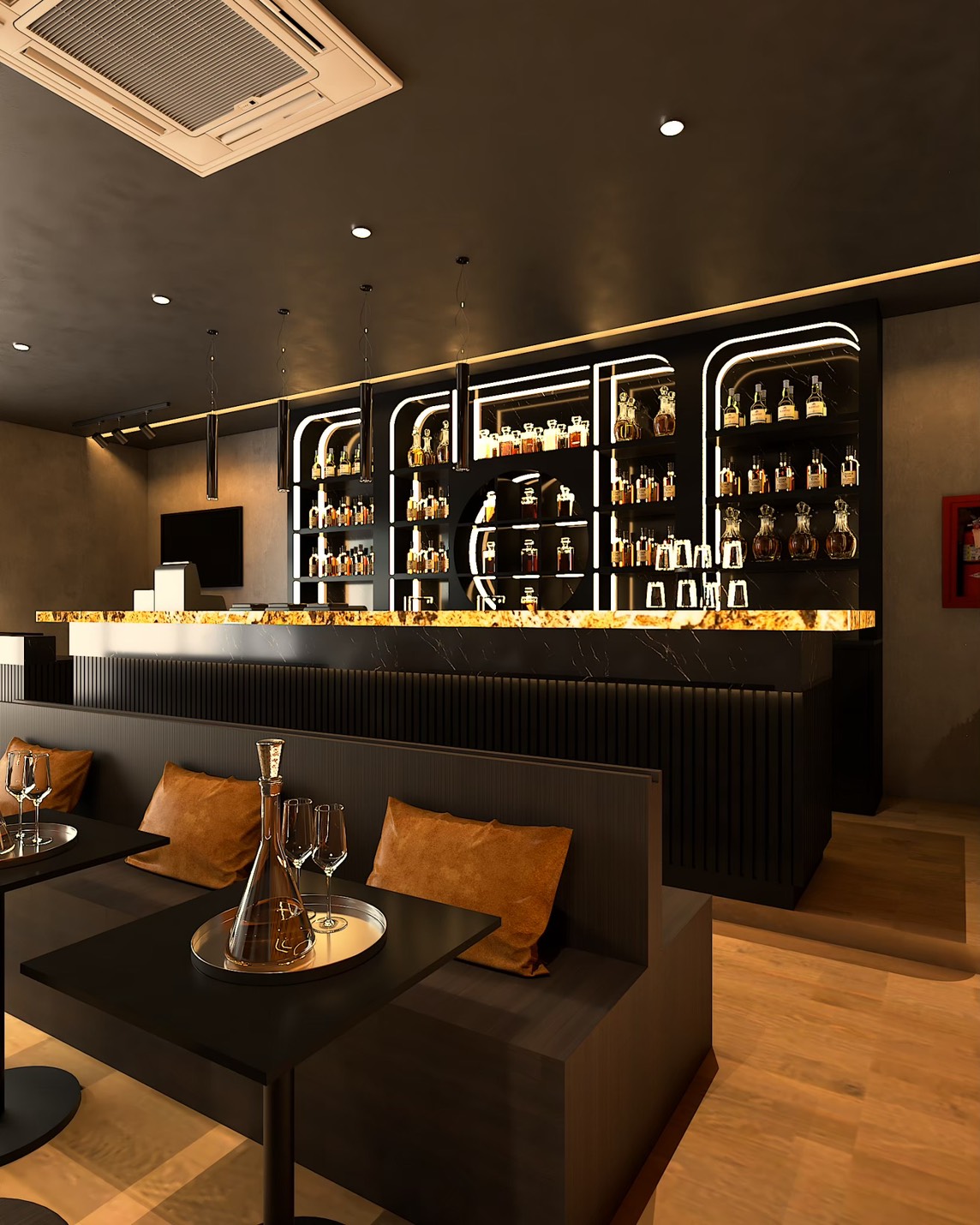 Modern bar with dark wood seating and warm lighting
