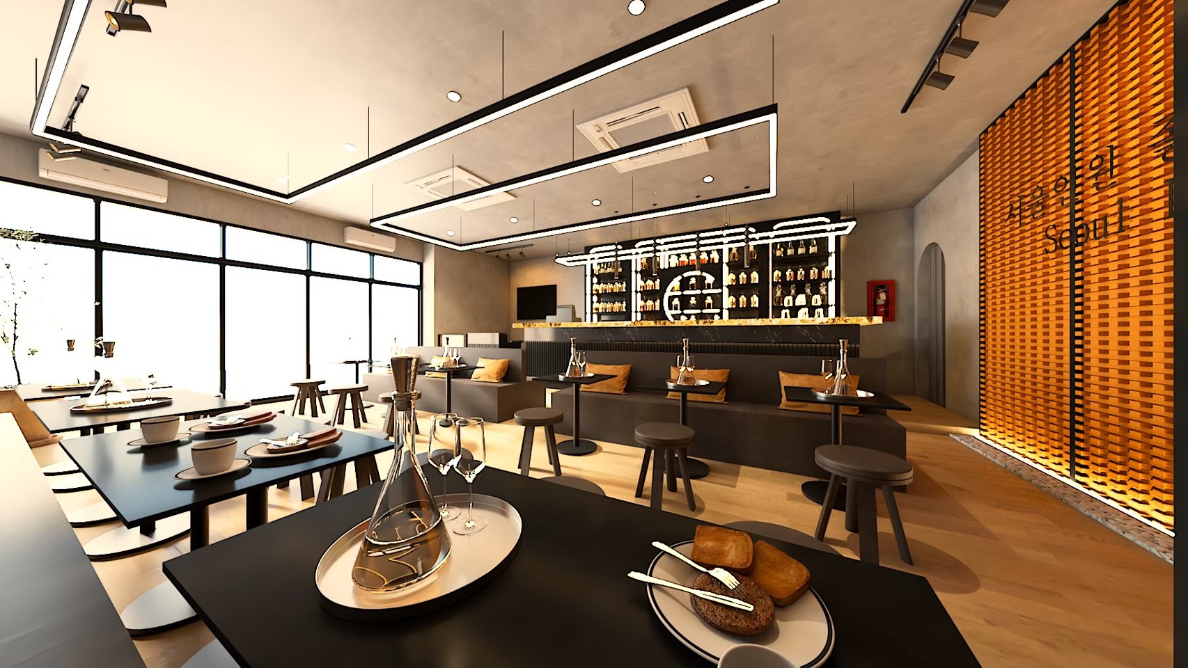 Modern restaurant interior with tables and wooden slat wall